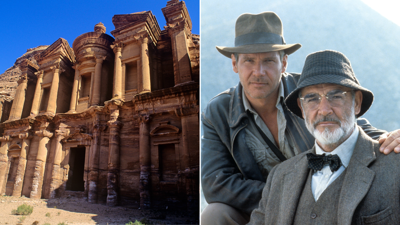 "Cidade perdida" de Petra e Harrison Ford e Sean Connery em 'Indiana Jones e a Última Cruzada' (Imagem: Frédéric Soltan/Corbis via Getty Images e Paramount/Getty Images)