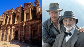 "Cidade perdida" de Petra e Harrison Ford e Sean Connery em 'Indiana Jones e a Última Cruzada' (Imagem: Frédéric Soltan/Corbis via Getty Images e Paramount/Getty Images)