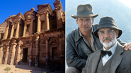 "Cidade perdida" de Petra e Harrison Ford e Sean Connery em 'Indiana Jones e a Última Cruzada' (Imagem: Frédéric Soltan/Corbis via Getty Images e Paramount/Getty Images)