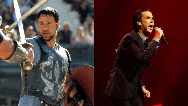 Russell Crowe em Gladiador (Foto: Universal/Getty Images) e Nick Cave (Foto: Samir Hussein/WireImage)