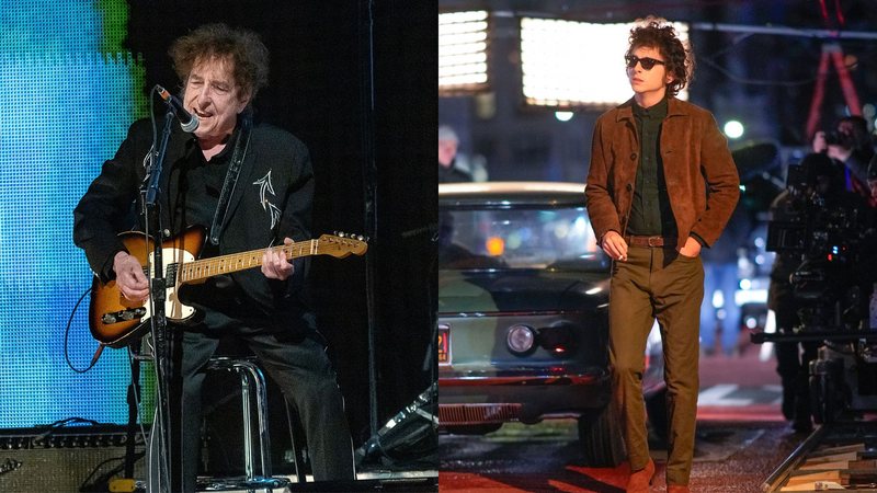 Bob Dylan (Foto: Gary Miller/Getty Images) e Timothée Chalamet no set de Um Completo Desconhecido (Foto: Gotham/GC Images)