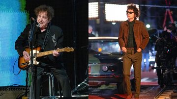 Bob Dylan (Foto: Gary Miller/Getty Images) e Timothée Chalamet no set de Um Completo Desconhecido (Foto: Gotham/GC Images)