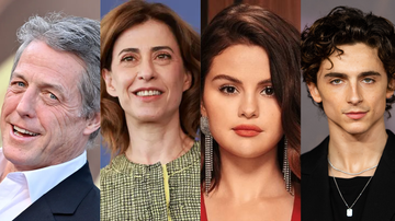 Colagem: GettyImages - Hugh Grant / Fernanda Torres / Selena Gomez / Timothée Chalamet