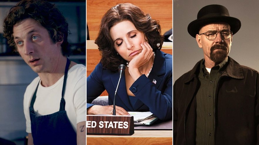 Jeremy Allen White em O Urso (Foto: Divulgação), Julia Louis-Dreyfus em Veep (Foto: Divulgação) e Bryan Cranston em Breaking Bad (Foto: Divulgação)