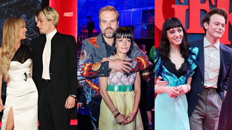 Millie Bobby Brown e Jake Bongiovi (Foto: Cindy Ord/Getty Images),  David Harbour e Lily Allen (Foto: Roy Rochlin/Getty Images) e Natalia Dyer e Charlie Heaton (foto: Carlos Alvarez/Getty Images)