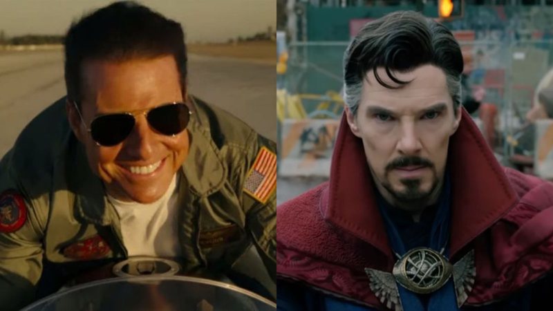 Tom Cruise em Top Gun: Maverick (Foto: Reprodução) e Benedict Cumberbatch como Doutor Estranho (Foto: Divulgação / Marvel)