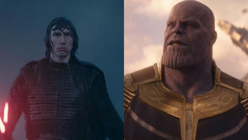 Adam Driver como Kylo Ren e Thanos em Vingadores: Guerra Infinita (foto: reprodução/ Lucasfilm | Foto 2: reprodução Marvel)