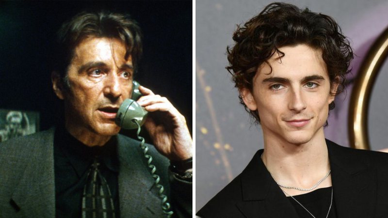 Al Pacino em Fogo contra Fogo (Foto: Reprodução) e Timothée Chalamet (Foto: Jeff Spicer/Getty Images)