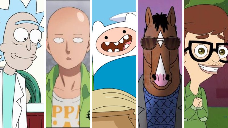 Rick and Morty, One Punch Man, Hora de Aventua, Bojack Horseman e Big Mouth (Fotos 1, 4 e 5: Divulgação e Fotos 2 e 3: Reprodução)