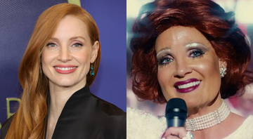 Jessica Chastain (Foto: Neilson Barnard / Getty Images) | Jessica Chastain em Os Olhos de Tammy Faye (Foto: Reprodução / Fox Searchlight Pictures)