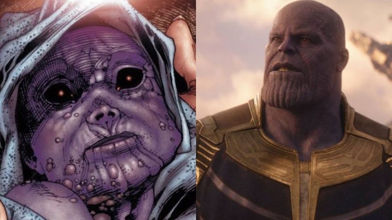 Thanos ainda bebê (Foto: Reprodução/Marvel) e em Vingadores: Guerra Infinita (Foto: Reprodução/Marvel)