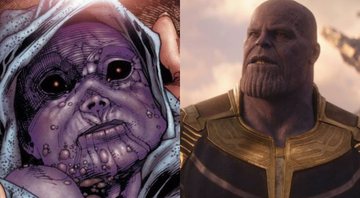 Thanos ainda bebê (Foto: Reprodução/Marvel) e em Vingadores: Guerra Infinita (Foto: Reprodução/Marvel)