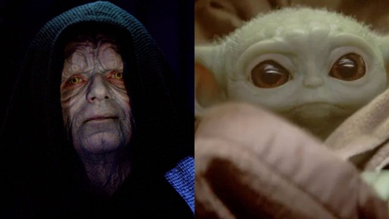 Baby Yoda em The Mandalorian/ Palpatine em Retorno de Jedi (foto: reprodução/ Lucasfilm)