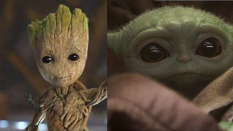 Baby Groot e Baby Yoda (Foto 1: Reprodução/ Foto 2: Reprodução Disney/Lucasfilm)