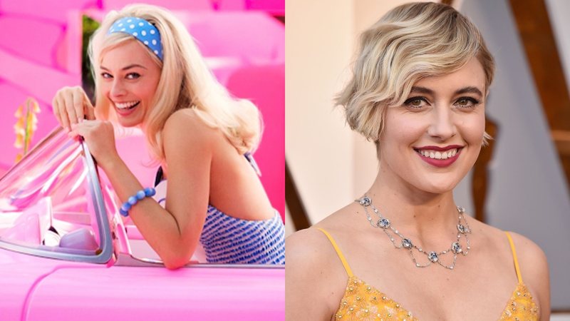 Margot Robbie como Barbie (Foto: Reprodução / Twitter) e Greta Gerwig (Foto: Frazer Harrison/Getty Images)