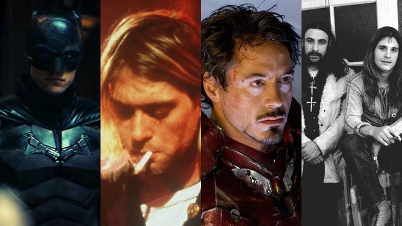 Robert Pattinson como Batman (Foto: Reprodução/YouTube), Kurt Cobain (Foto: AP Images), Robert Downey Jr. em Homem de Ferro (Foto: Reprodução Marvel) e Black Sabbath (Foto: Reprodução / Instagram)