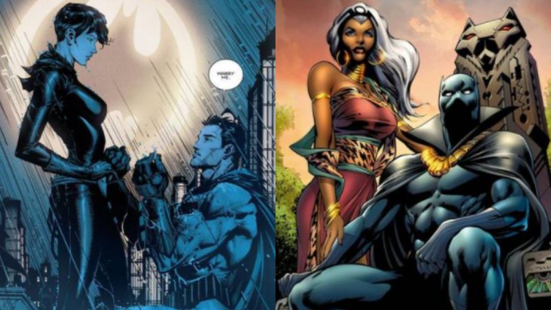 Batman e Mulher-Gato (Foto: Divulgação/DC Comics) e Tempestade e Pantera Negra (Foto: Divulgação/Marvel Comics)