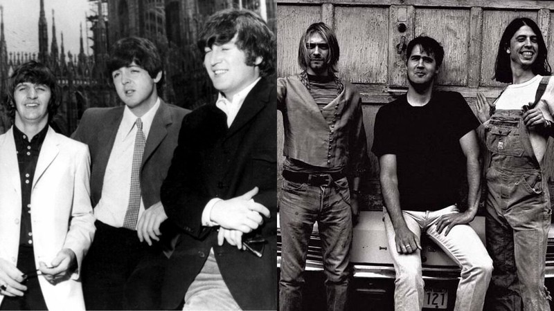 Montagem com os Beatles (AP Images) e Nirvana (Anton Corbijn/Divulgação)