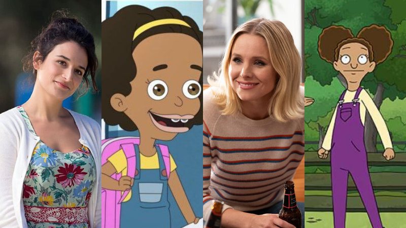 Jenny Slate (Foto 1: Reprodução) e Missy, personagem que dublava em 'Big Mouth' (Foto 2: Divulgação) / Kristen Bell (Foto 3: Colleen Hayes/NBC) e Molly, personagem que interpretava em 'Central Park' (Foto 4: Divulgação)