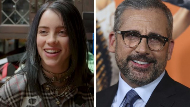 Billie Eilish em live (Foto: Billboard/YouTube/Reprodução) e Steve Carrel (Foto: Jordan Strauss/Invision/AP)