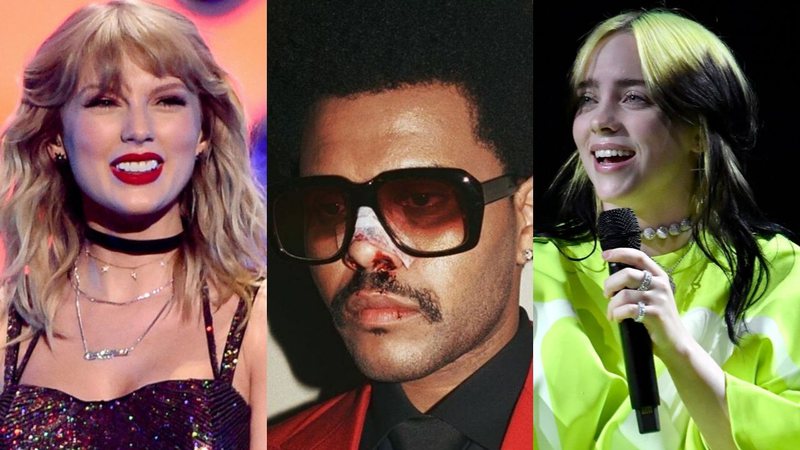 Taylor Swift (Foto: Evan Agostini) | The Weeknd (Foto: Instagram / Reprodução) | Billie Eilish (Foto: Frazer Harrison/Getty Images for Spotify)