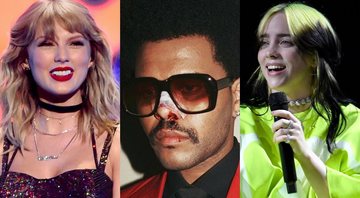 Taylor Swift (Foto: Evan Agostini) | The Weeknd (Foto: Instagram / Reprodução) | Billie Eilish (Foto: Frazer Harrison/Getty Images for Spotify)