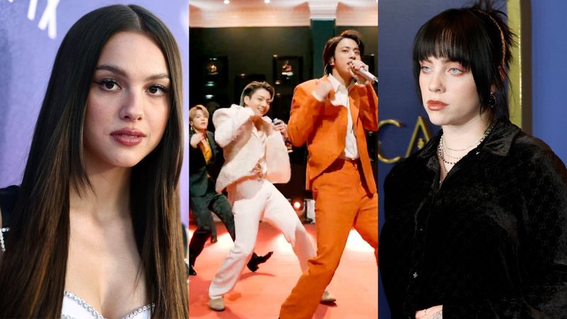 Olivia Rodrigo (Foto: Emma McIntyre), Billie Eilish (Foto: Frazer Harrison) e BTS (Foto: Theo Wargo)