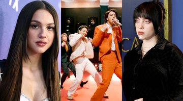 Olivia Rodrigo (Foto: Emma McIntyre), Billie Eilish (Foto: Frazer Harrison) e BTS (Foto: Theo Wargo)