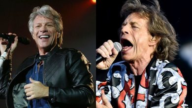 Jon Bon Jovi (foto: Ricardo Matsukawa/ Mercury Concerts) e Mick Jagger, dos Rolling Stones (Foto: Vit Simanek / AP Images)