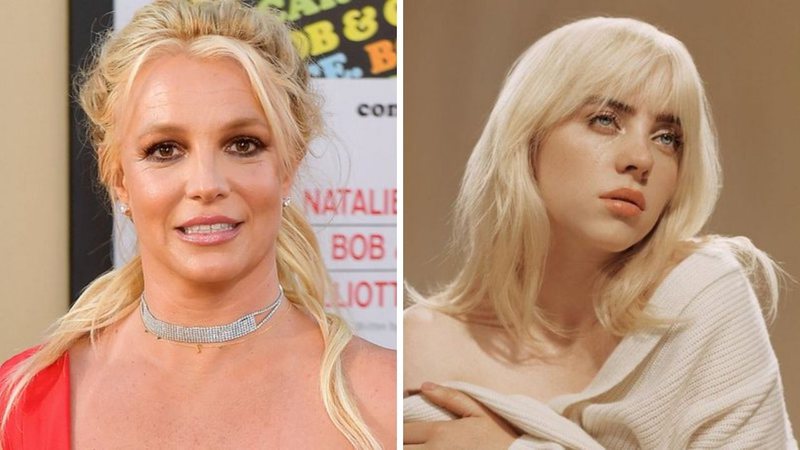 Britney Spears em 2019 (Foto: Matt Winkelmeyer/Getty Images) e Billie Eilish na capa do disco Happier Than Ever (Foto: Divulgação)