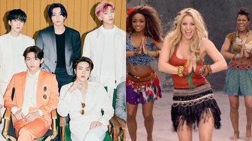 BTS (Foto: Divulgação/Instagram) e Shakira no clipe de 'Waka Waka (This Time for Africa)' (Foto: Reprodução/YouTube)