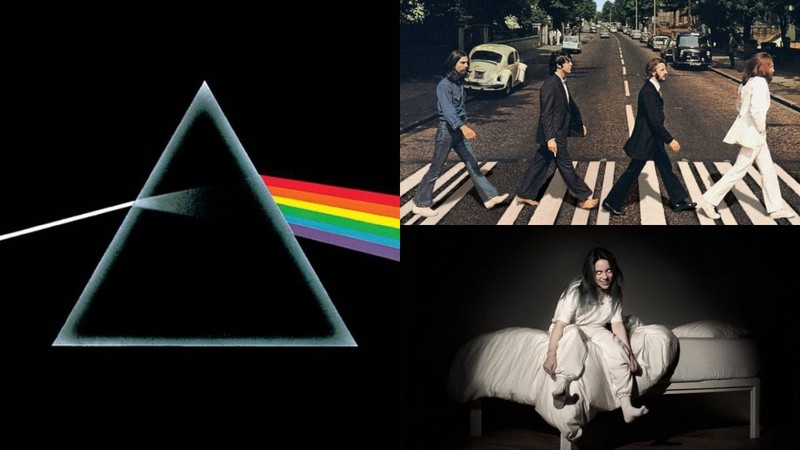 Capas dos discos The Dark Side of the Moon do Pink Floyd, Abbey Road dos Beatles e When We All Fall Asleep, Where Do We Go? da Billie Ellish (Foto: Divulgação)