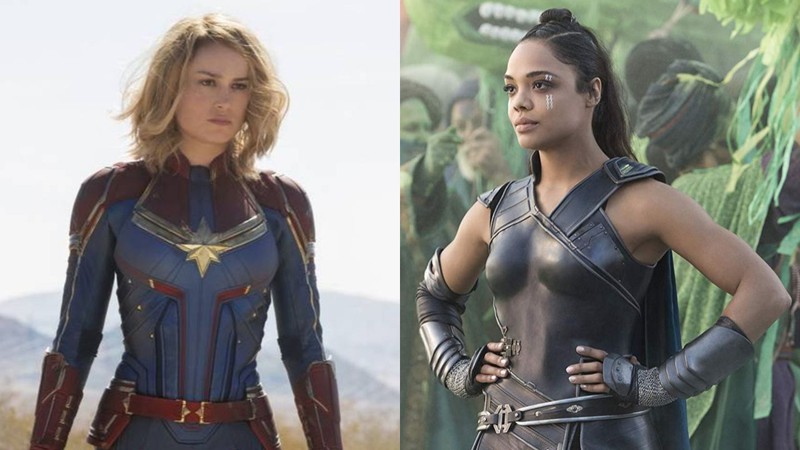 Brie Larson como Capitã Marvel (Foto: Divulgação) e Tessa Thompson como Valquíria em Thor: Ragnarok (Reprodução)