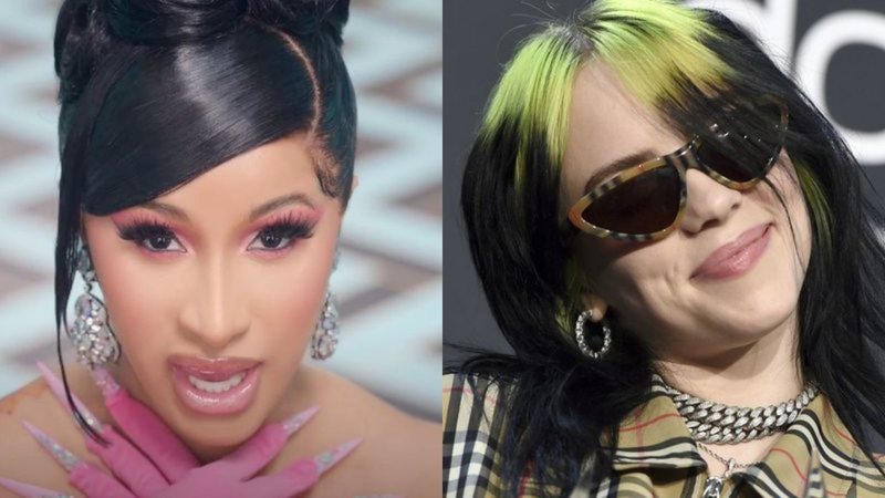 Cardi B no clipe de 'WAP' (Foto: reprodução/ Youtube) e Billie Eilish (Foto: Jordan Strauss/Invision/AP)