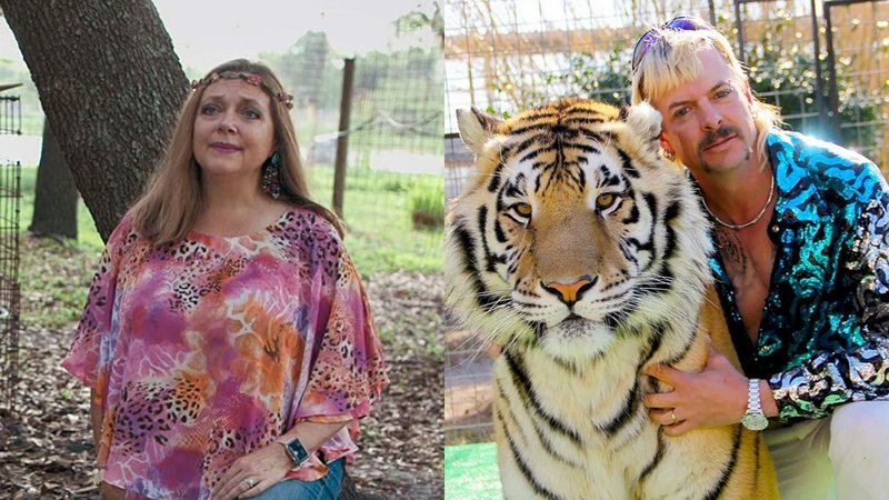 Carole Baskin e Joe "Exotic"  em Tiger King (Foto: Reprodução)