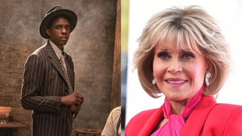 Chadwick Boseman em A Voz Suprema do Blues (Foto: Reprodução/ Netflix) e Jane Fonda (Foto: Jordan Strauss/ Invision/ AP)