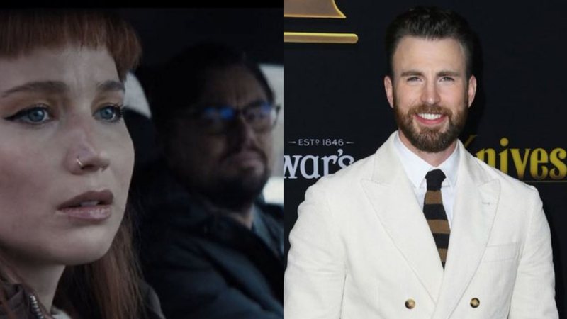 Montagem de Leonardo DiCaprio e Jennifer Lawrence em Don't Look Up (Foto: Reprodução /Twitter) e Chris Evans (Foto: Jon Kopaloff/Getty Images)