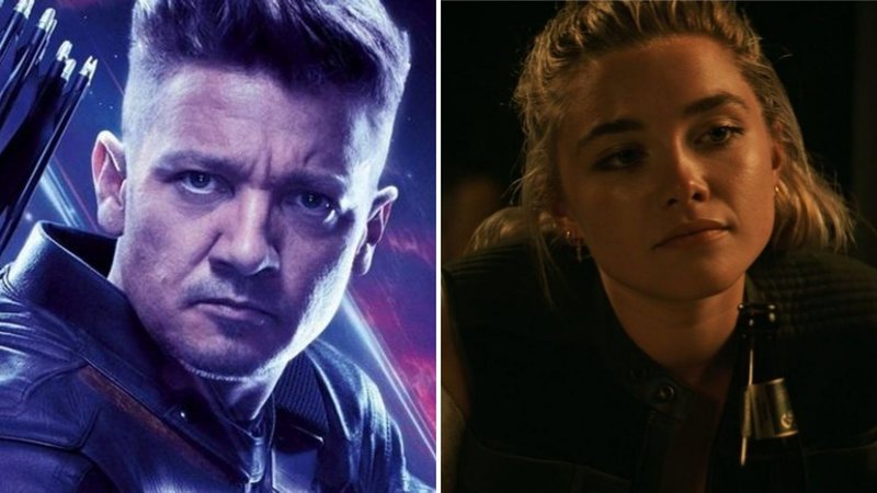 Jeremy Renner como Gavião Arqueiro em Vingadores  (Foto: Divulgação) | Florence Pugh em Viúva Negra (Foto: Reprodução /Twitter)