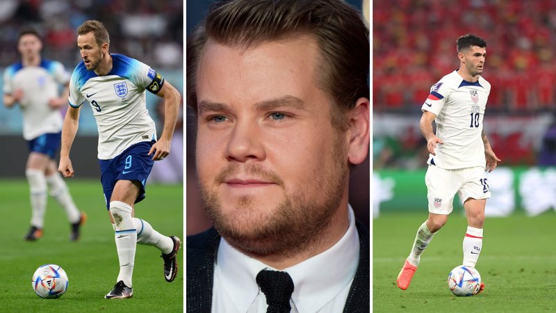 Harry Kane (Foto: Matthias Hangst/Getty Images), James Corden (Foto: Ian Gavan/Getty Images) e Christian Pulisic (Foto: Stu Forster/Getty Images)