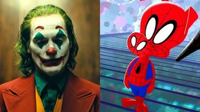 Coringa de Joaquin Phoenix / Spider-Ham em Homem-Aranha: no Aranhaverso (foto: reprodução Warner/ Sony-Marvel)