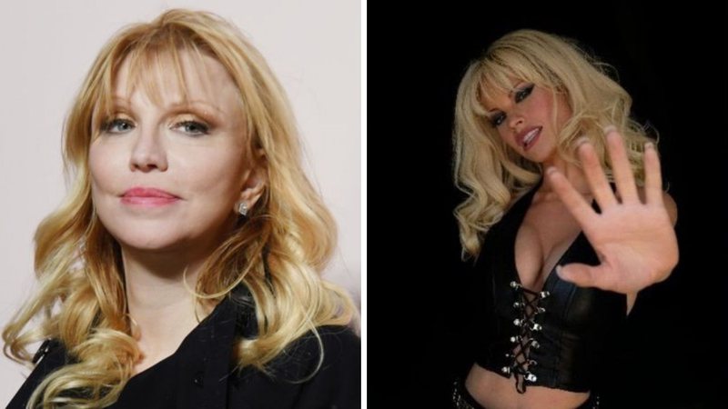 Courtney Love em 2019 (Foto: Nicholas Hunt / Getty Images) e Lily James como Pamela Anderson (Foto: Reprodução / Twitter)