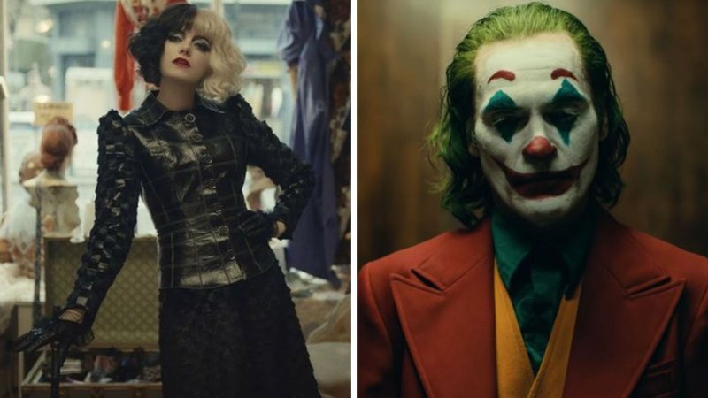 Emma Stone como Cruella (Foto: Divulgação/Disney) e Joaquin Phoenix em Coringa (Foto: Reprodução/Warner)