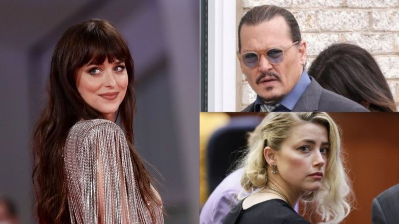 Dakota Johnson (Foto: Vittorio Zunino Celotto/Getty Images) e Johnny Depp (Foto: Kevin Dietsch/Getty Images) e Amber Heard (Foto: Reprodução/Variety)