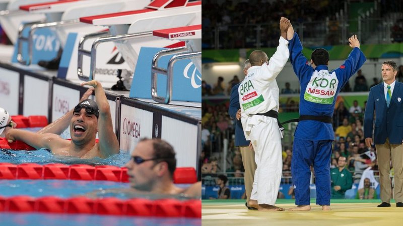 Daniel Dias em Tóquio 2020 (Foto: Getty Images /Adam Pretty), Gwanggeun Choi e Antônio Tenório no Rio 2016 (Foto: Getty Images /Raphael Dias)