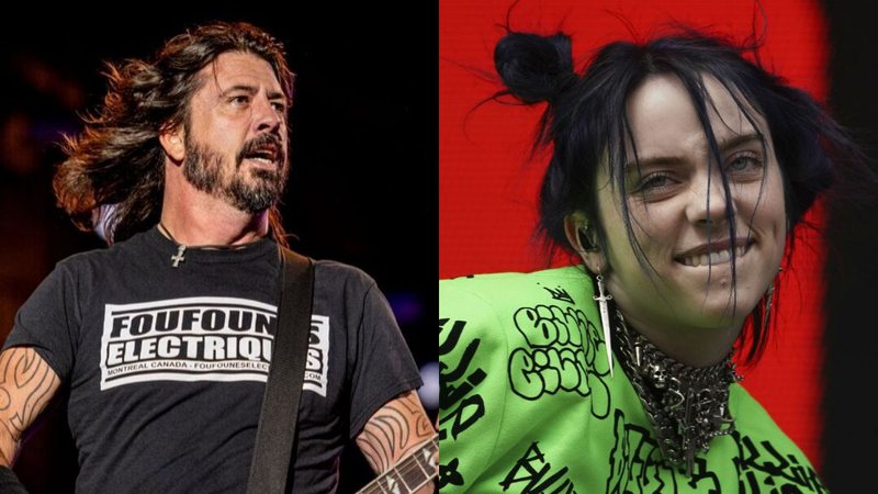 Dave Grohl em ação no Palco Mundo do Rock in Rio 2019 (Foto: Renan Olivetti/I Hate Flash) e Billie Eilish em ação (Owen Humphreys/PA via AP Images)