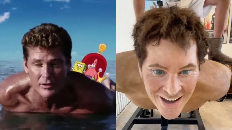 David Hasselhoff em Bob Esponja: O Filme, e réplica feita para o longa (Fotos: Reprodução)