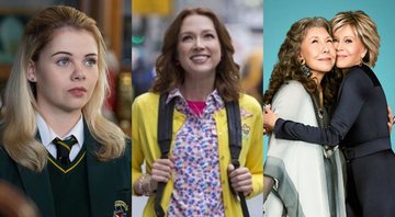 Derry Girls, Unbreakable Kimmy Schmidt e Grace and Frankie (Foto 1: Reprodução/ Foto 2: Reprodução/ Foto 3: Divulgação)