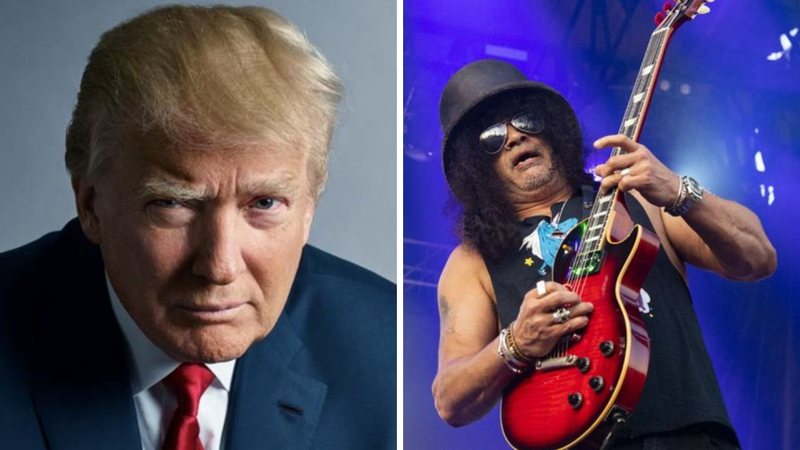 Donald Trump, presidente dos EUA (Foto: Mark Seliger) e Slash em ação no Lollapalooza Chicago 2019 (Foto: Amy Harris / Invision / AP)