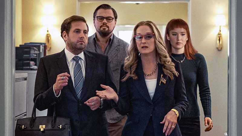 Leonardo DiCaprio, Jennifer Lawrence, Meryl Streep e Jonah Hill em Don’t Look Up (Foto: Reprodução)