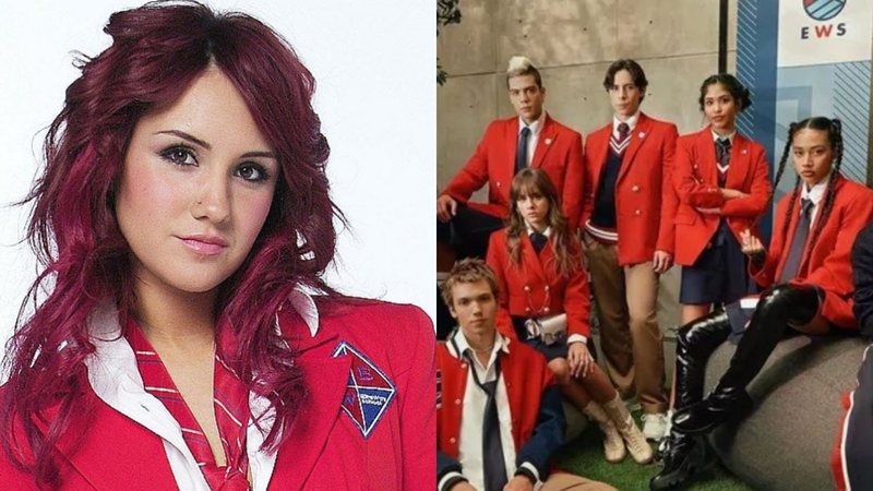 Dulce María como Roberta, de Rebelde, (Foto: Reprodução /Twitter) e Elenco de Rebelde na Netflix (Foto: Reprodução/Instagram)